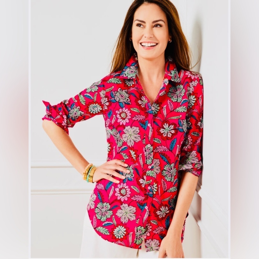 TALBOTS COTTON BUTTON FRONT PINK SHIRT - BEAUTIFUL BOTANICAL SIZE M